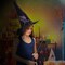 Deluxe Pointed Witch Hat - Glamorous Black Witches Accessories Fancy Velvet Hat with Flowers, Beads and Purple Feathers